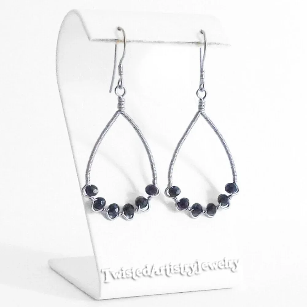 Black Crystals Wire Wrapped ZigZag Teardrop Hoop Earrings - Picture 1 of 3